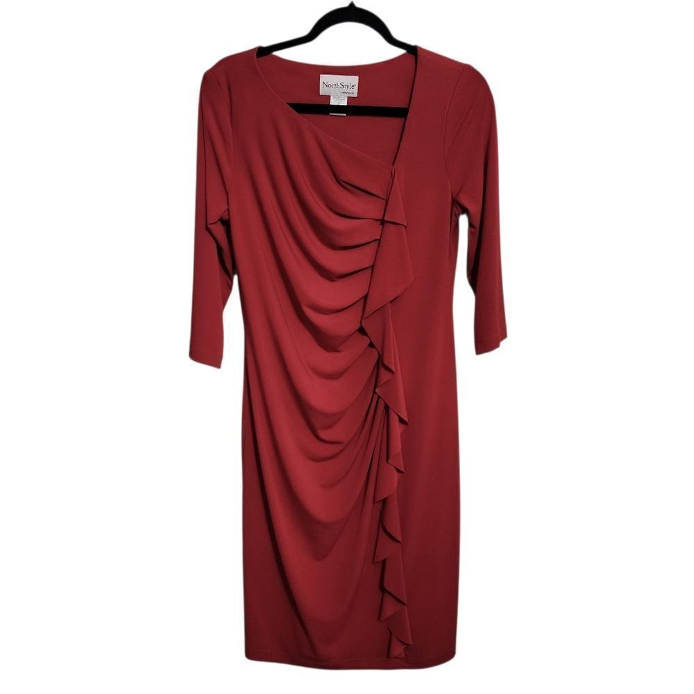 North Style Midi Dress 10 Red Ruched Ruffled Front 3/4 Sleeve Holiday Party